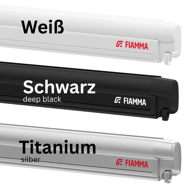 Fiamma F45s Markisengehäuse in Schwarz, Silber und Weiß mit Modellaufdruck, nebeneinander zur Farbauswahl dargestellt